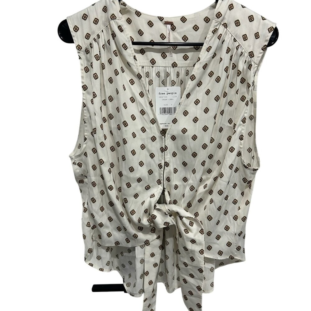 Free People Cream Combo Tie-Front Sleeveless Blouse Sz Small Geometric Print NWT
